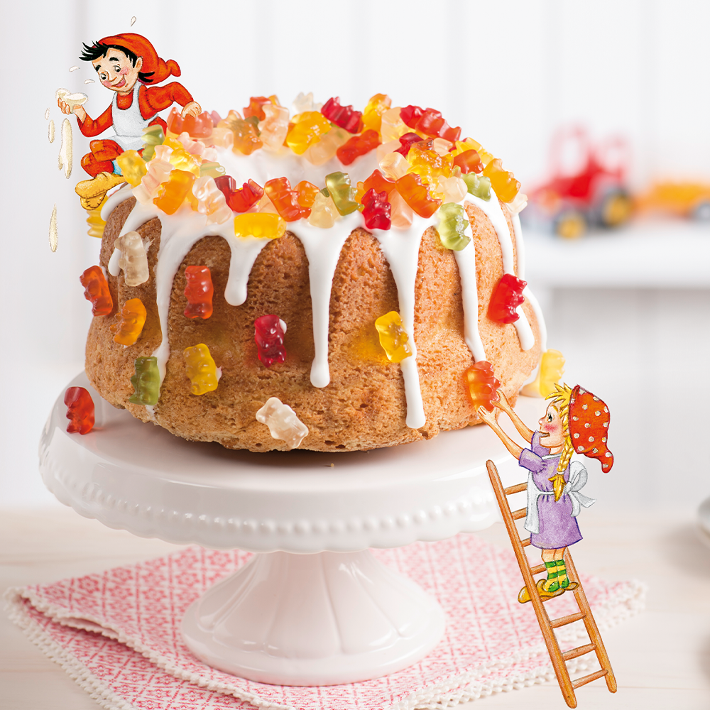 Gummibärchen-Gugelhupf mit den Wichteln backen