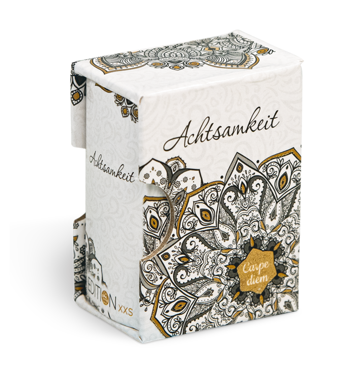 Achtsamkeit Geschenkbuch Handgefertigtes Miniaturbuch Cover Buch Schuber Vorderseite EDITION XXS Onlineshop