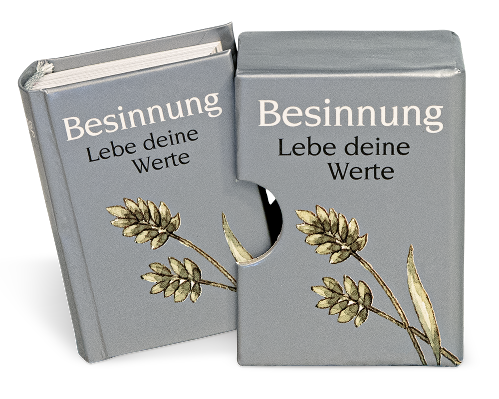 Besinnung Geschenkbuch Handgefertigtes Miniaturbuch Schuber Montage Cover Buch Vorderseite EDITION XXS Onlineshop