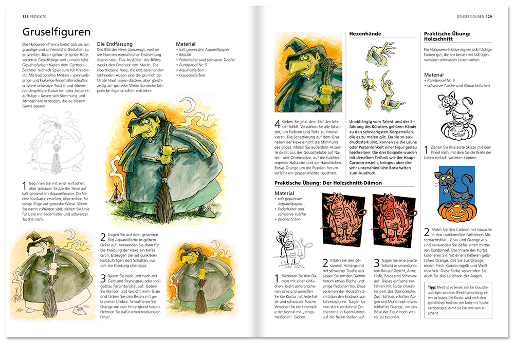 Cartoons Malbuch Comics zeichnen Karikaturen Schritt-für-Schritt Leseprobe S128–129 Tosa Onlineshop