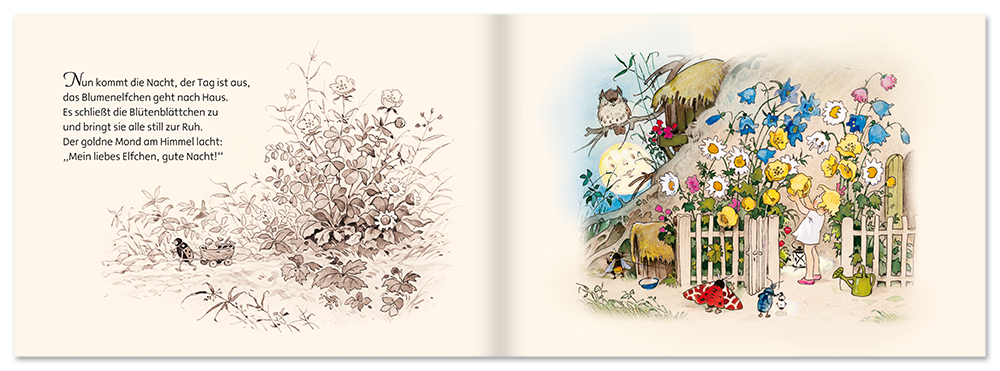 Das Blumenelfchen Nostalgie Mini Bilderbuch Fritz Baumgarten Leseprobe S22–23 Titania Verlag Onlineshop