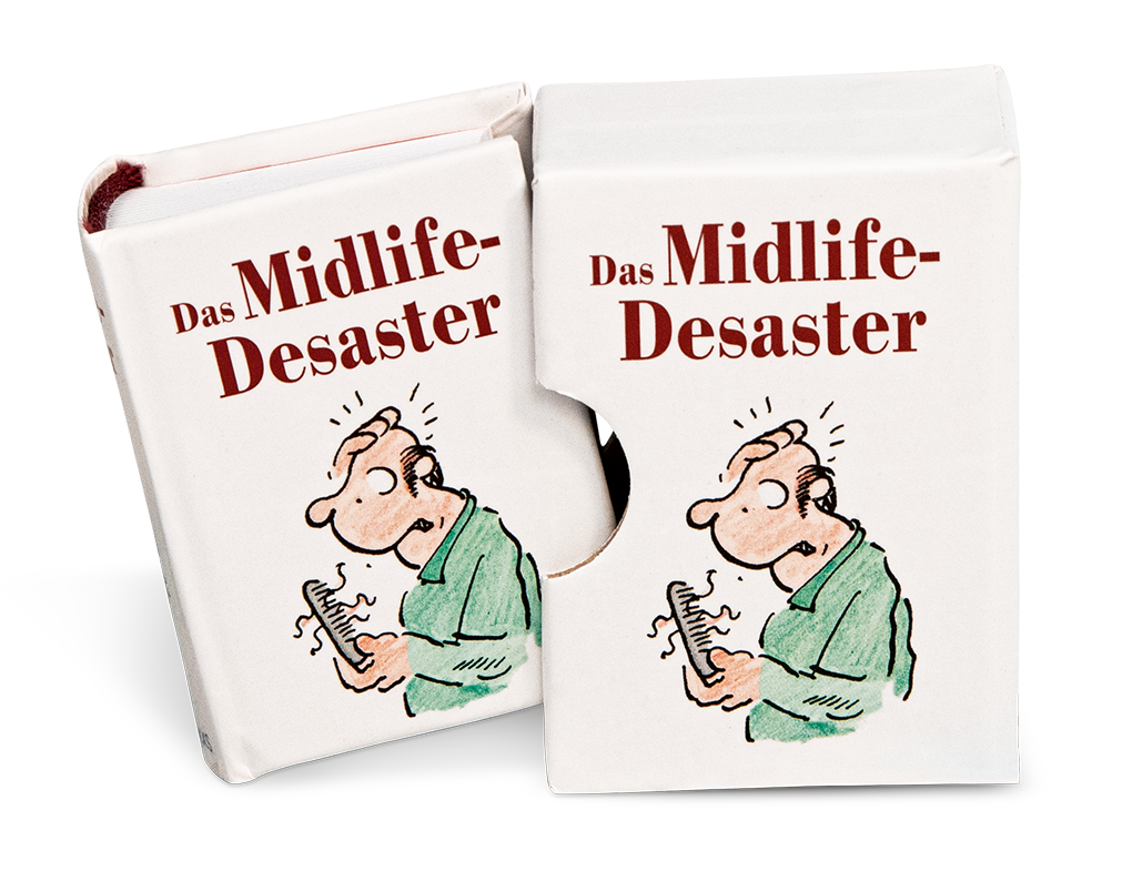 Das Midlife-Desaster Geschenkbuch Handgefertigtes Miniaturbuch Schuber Montage Vorderseite EDITION XXS Onlineshop