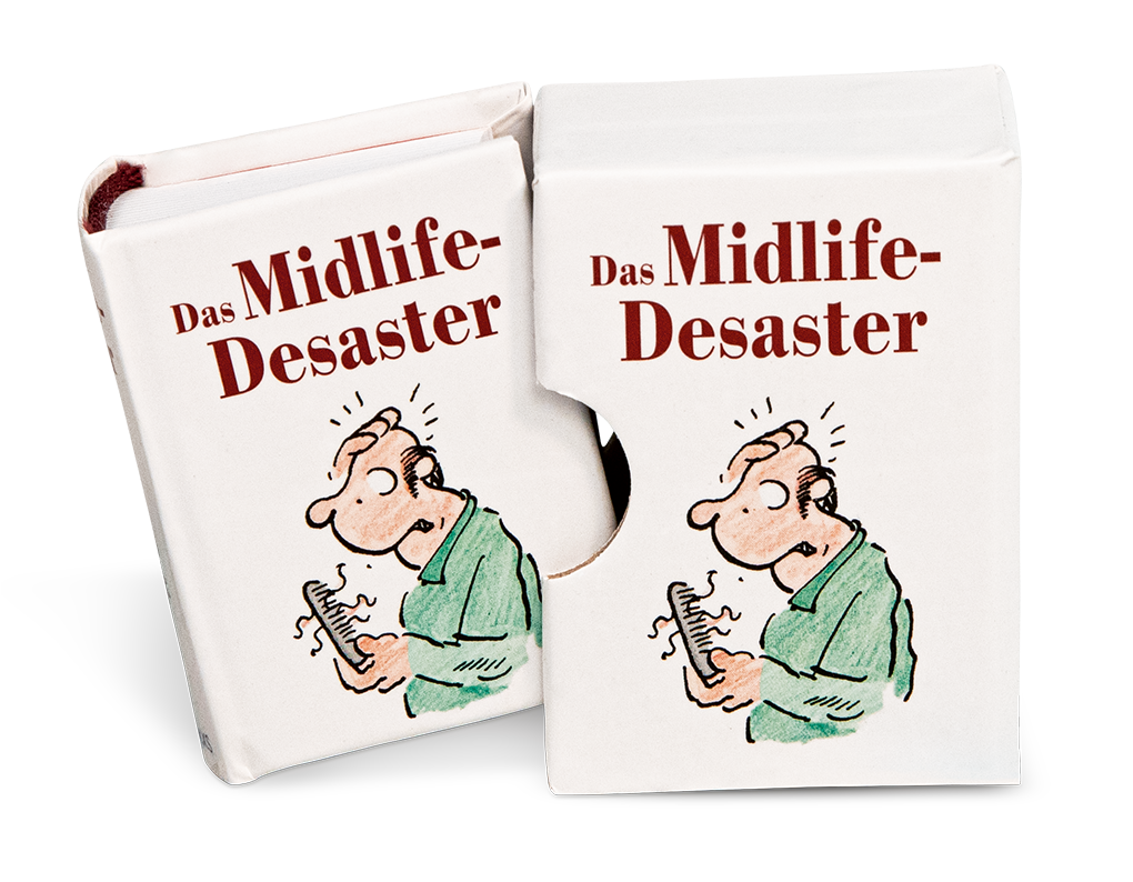 Das Midlife-Desaster Geschenkbuch Handgefertigtes Miniaturbuch Schuber Montage Vorderseite EDITION XXS Onlineshop
