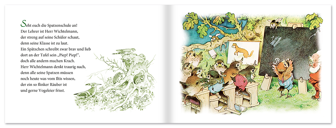 Die Spatzenschule Pappebuch Kinder Fritz Baumgarten Leseprobe S2–3 Titania Verlag Onlineshop