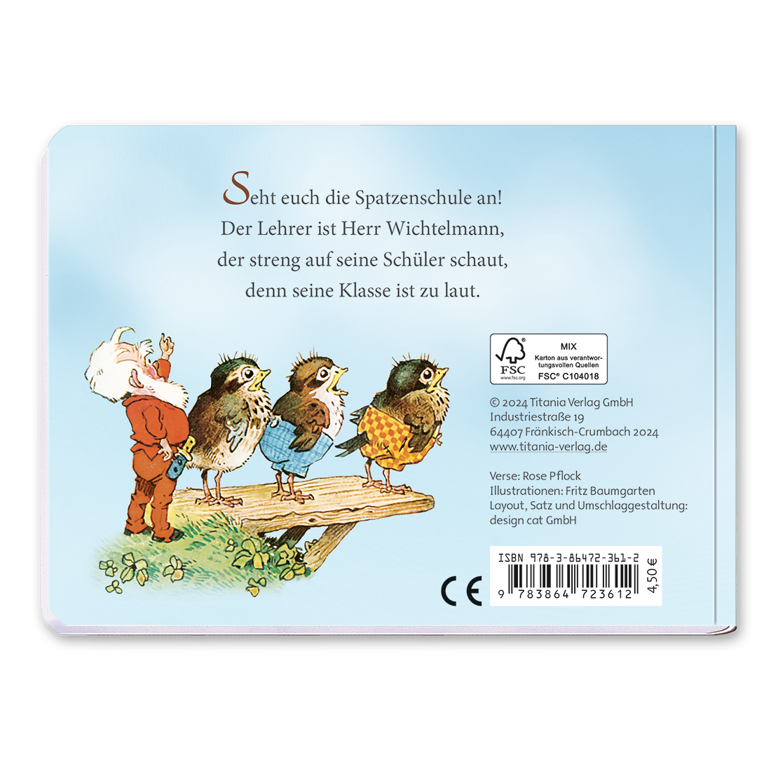 Die Spatzenschule Pappebuch Kinder Fritz Baumgarten Cover Rückseite Titania Verlag Onlineshop