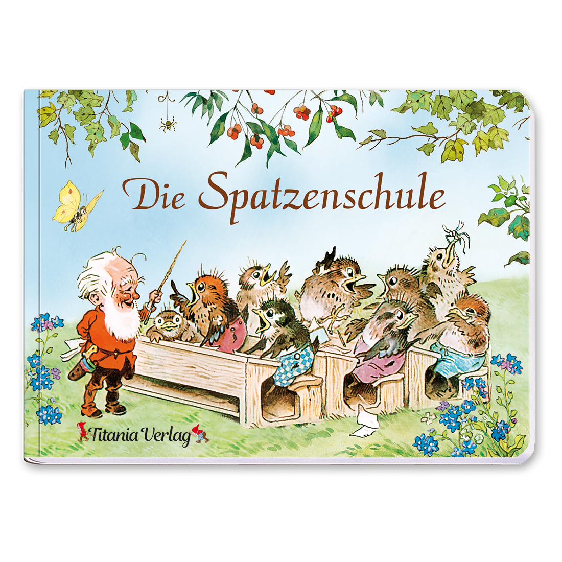 Die Spatzenschule Pappebuch Kinder Fritz Baumgarten Cover Vorderseite Titania Verlag Onlineshop