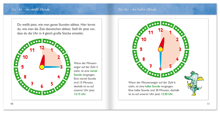 Die Uhr lernen mit Tabaluga Beschäftigungsbuch Kinder Leseprobe S10–11 Neuer Favorit Verlag Onlineshop
