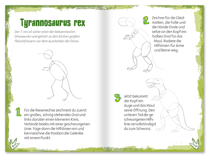 Dinos zeichnen lernen Malen Kinder Leseprobe S32–33 Neuer Favorit Verlag Onlineshop