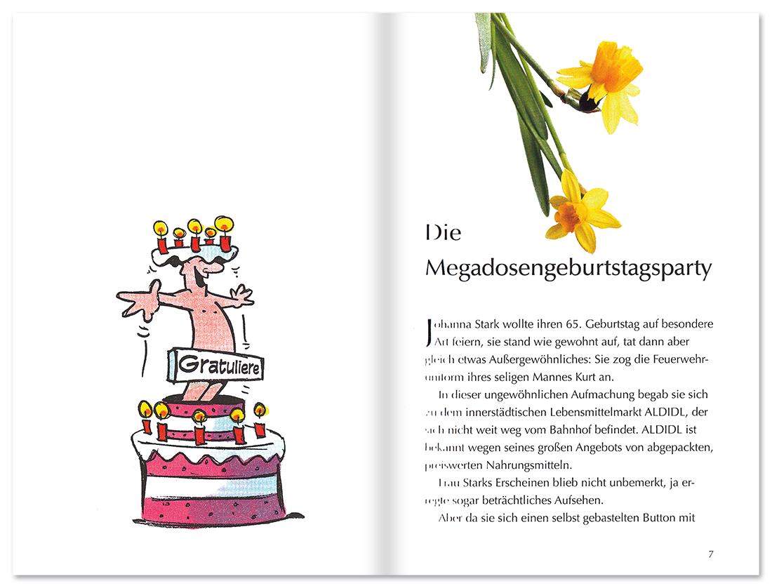 Endlich 65! Geschenkbuch Geschichten Cartoons Leseprobe S6–7 TOMUS Verlag Onlineshop