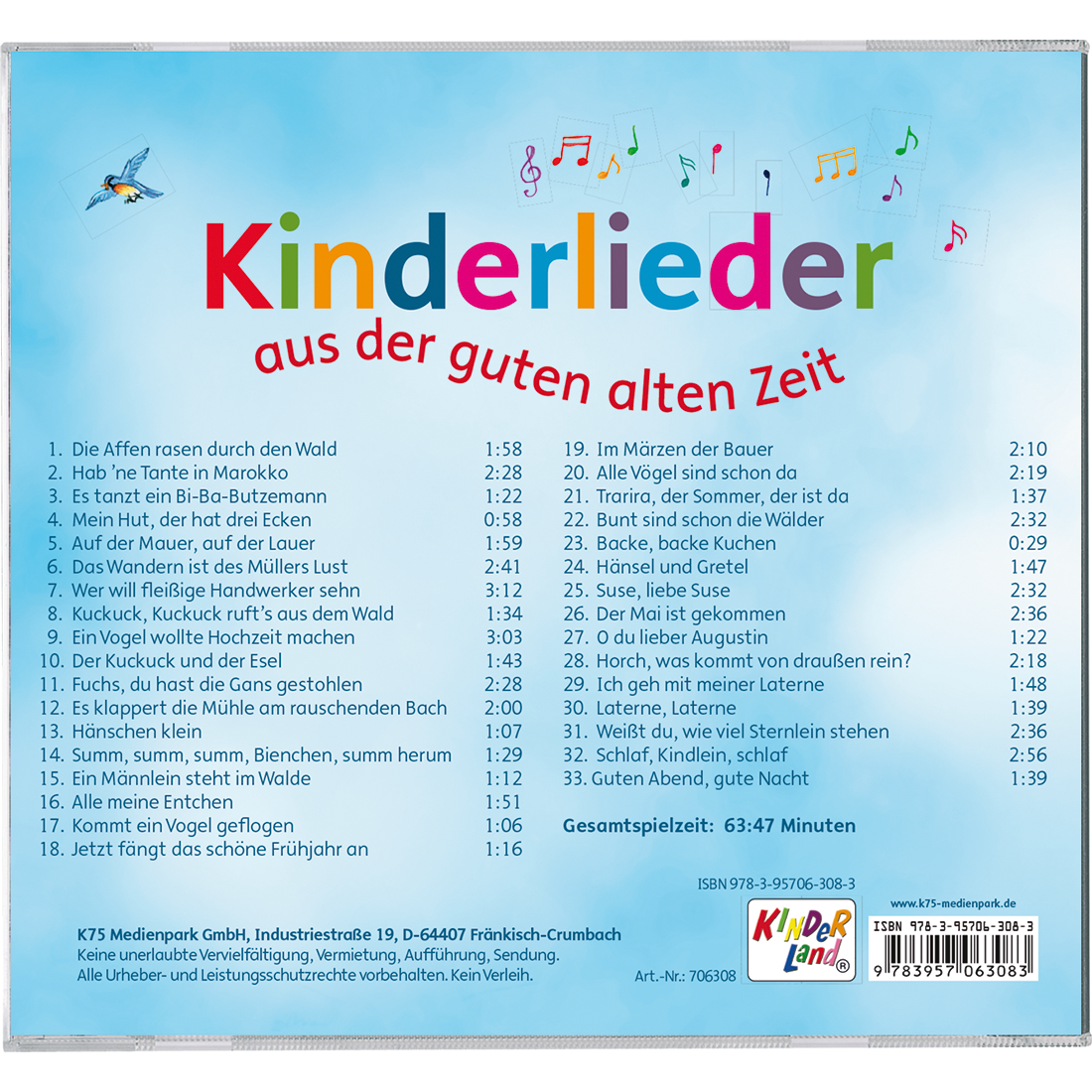 Kinderlieder aus der guten alten Zeit CD Rückseite für Kinder